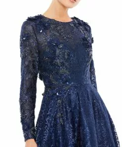 Mac Duggal Long Sleeve A-Line Floral Applique Gown