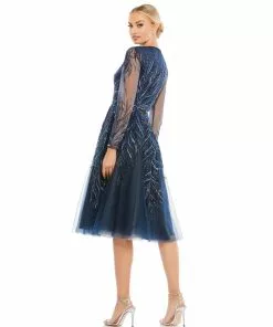 Mac Duggal Embellished Tea-Length Illusion Cocktail Dress