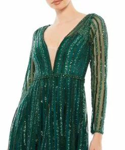 Mac Duggal Plunging Striped Sequin Long Sleeve Gown 10 Mac Duggal Plunging Striped Sequin Long Sleeve Gown