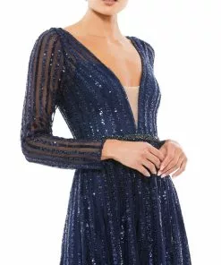 Mac Duggal Plunging Striped Sequin Long Sleeve Gown 14 Mac Duggal Plunging Striped Sequin Long Sleeve Gown