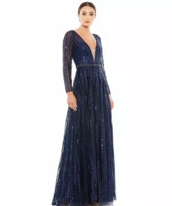 Mac Duggal Plunging Striped Sequin Long Sleeve Gown 12 Mac Duggal Plunging Striped Sequin Long Sleeve Gown