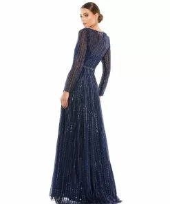 Mac Duggal Plunging Striped Sequin Long Sleeve Gown 13 Mac Duggal Plunging Striped Sequin Long Sleeve Gown