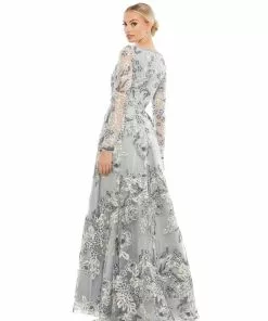 Mac Duggal Shop For Floral Embellished Illusion Sleeve A-Line Gown