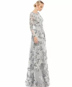 Mac Duggal Shop For Floral Embellished Illusion Sleeve A-Line Gown