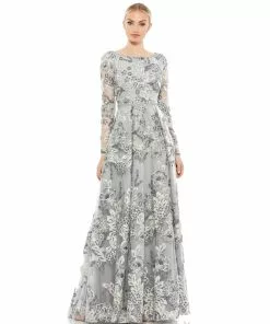 Mac Duggal Shop For Floral Embellished Illusion Sleeve A-Line Gown