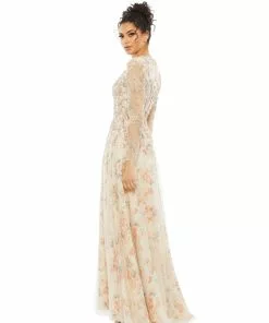 Mac Duggal Floral Beaded Long Sleeve Gown Shop For