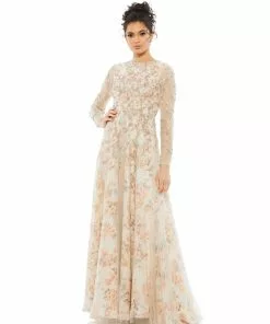Mac Duggal Floral Beaded Long Sleeve Gown Shop For