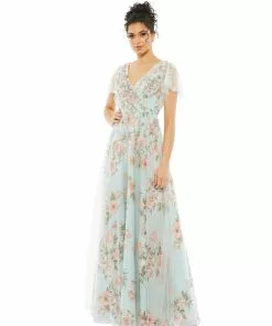 Mac Duggal Floral Flutter Sleeve V-Neck Maxi Dress