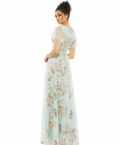 Mac Duggal Floral Flutter Sleeve V-Neck Maxi Dress
