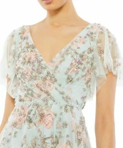 Mac Duggal Floral Flutter Sleeve V-Neck Maxi Dress