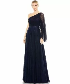 Mac Duggal Shop For One-Shoulder Bell Sleeve Lace Gown