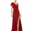 Ieena For Mac Duggal Asymmetric Jersey Ruffled Cap Sleeve Gown