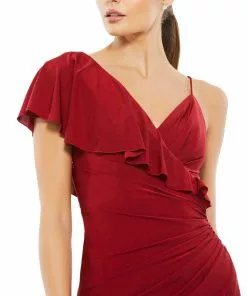 Ieena For Mac Duggal Asymmetric Jersey Ruffled Cap Sleeve Gown