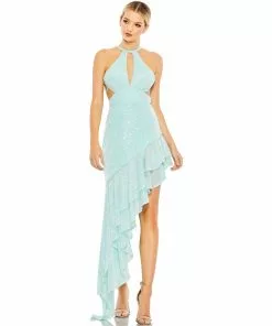 Ieena For Mac Duggal Sequined Halter Cut Out Ruffle Asymmetrical Dress Shop For