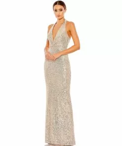 Ieena For Mac Duggal Sequined Halter Plunge Neck Gown