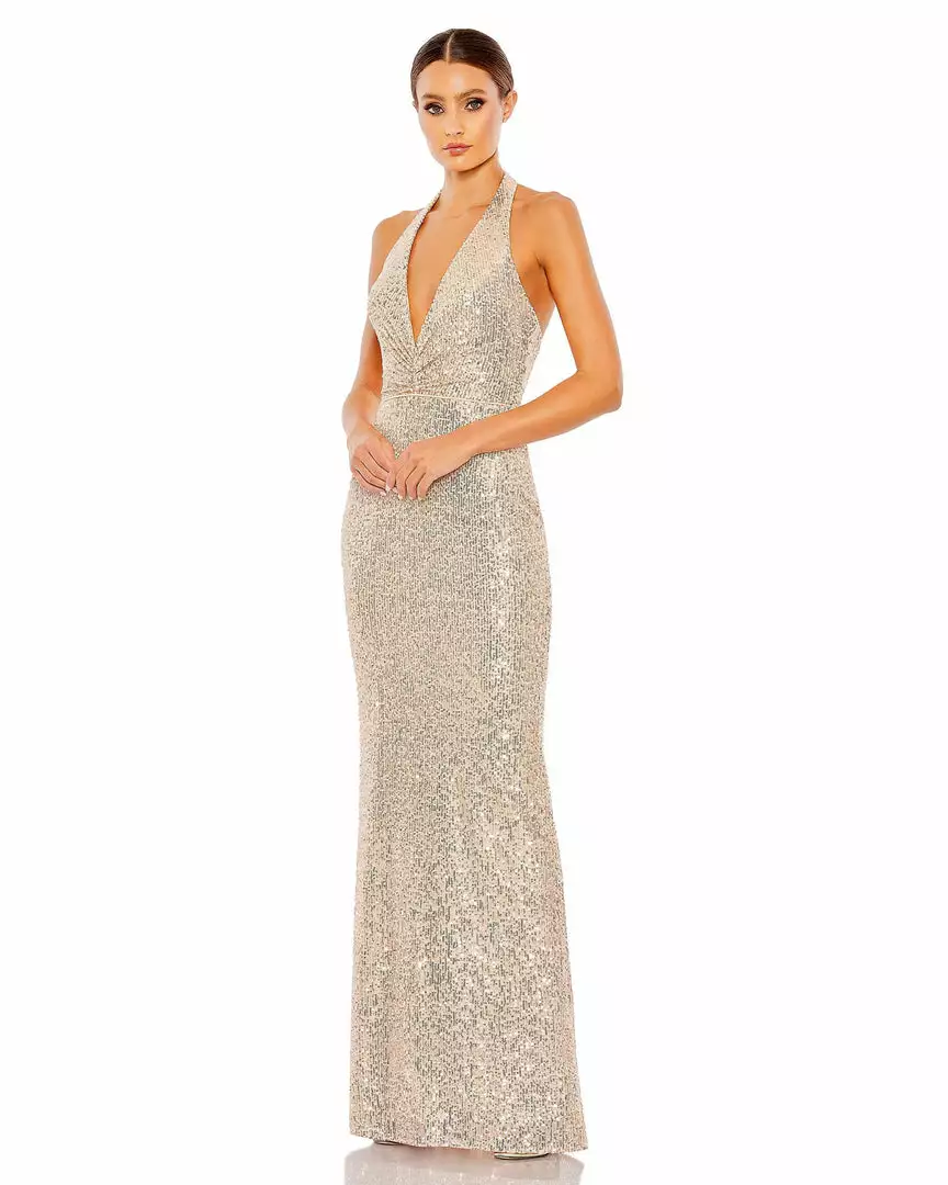 Ieena For Mac Duggal Sequined Halter Plunge Neck Gown 1 Ieena For Mac Duggal Sequined Halter Plunge Neck Gown