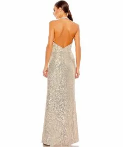 Ieena For Mac Duggal Sequined Halter Plunge Neck Gown