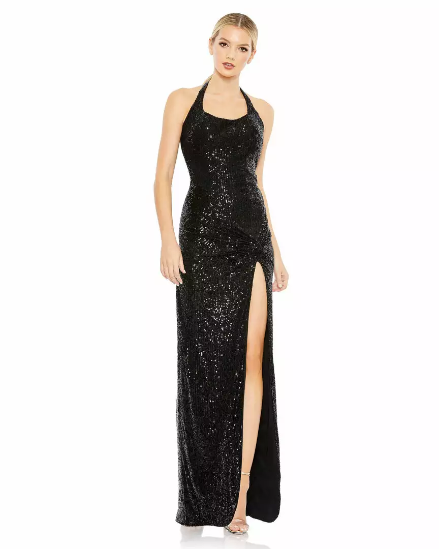 Ieena For Mac Duggal Sequined Halter Strap Low Side Knot Gown Shop For 4 Ieena For Mac Duggal Sequined Halter Strap Low Side Knot Gown Shop For