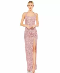 Ieena For Mac Duggal Sequined Halter Strap Low Side Knot Gown Shop For