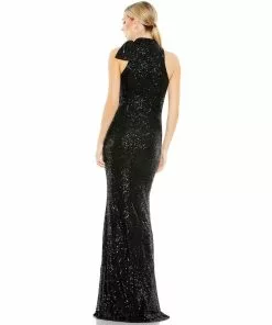 Ieena For Mac Duggal Sequined Soft Tie Halter Neck Column Gown