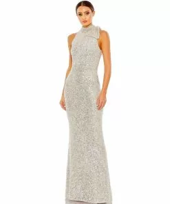 Ieena For Mac Duggal Sequined Soft Tie Halter Neck Column Gown