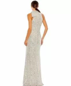 Ieena For Mac Duggal Sequined Soft Tie Halter Neck Column Gown