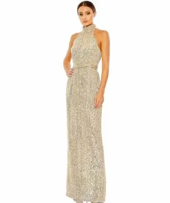 Ieena For Mac Duggal Sequined Halter Neck Belted Soft Tie Dress