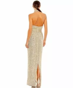 Ieena For Mac Duggal Sequined Halter Neck Belted Soft Tie Dress