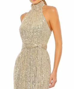 Ieena For Mac Duggal Sequined Halter Neck Belted Soft Tie Dress