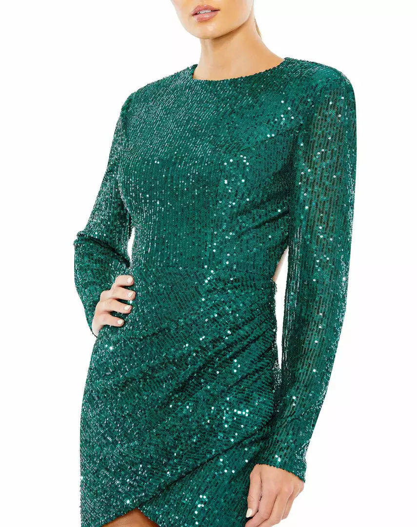 Ieena For Mac Duggal Shop For Sequined Long Sleeve Open Back Ruched Dress 3 Ieena For Mac Duggal Shop For Sequined Long Sleeve Open Back Ruched Dress