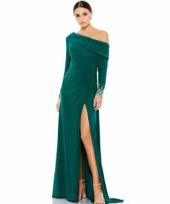 Mac Duggal Off-The-Shoulder Jersey Gown W/ Jewel-Accented Cuffs