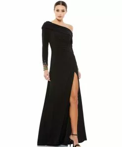 Mac Duggal Off-The-Shoulder Jersey Gown W/ Jewel-Accented Cuffs
