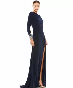 Mac Duggal Off-The-Shoulder Jersey Gown W/ Jewel-Accented Cuffs