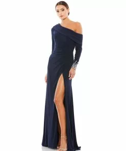 Mac Duggal Off-The-Shoulder Jersey Gown W/ Jewel-Accented Cuffs