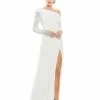 Mac Duggal Off-The-Shoulder Jersey Gown W/ Jewel-Accented Cuffs