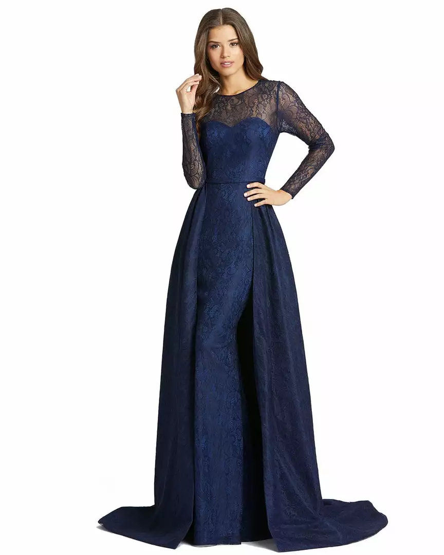 Mac Duggal Long Sleeve Lace Overskirt Gown 1 Mac Duggal Long Sleeve Lace Overskirt Gown