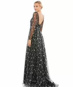 Mac Duggal Mother Of The Bride + Groom Dresses Black Long Sleeve Floral Illusion A-Line Gown