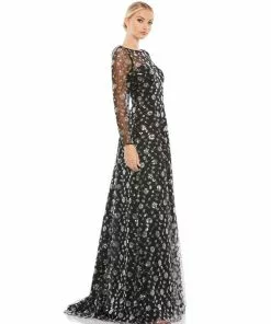 Mac Duggal Mother Of The Bride + Groom Dresses Black Long Sleeve Floral Illusion A-Line Gown