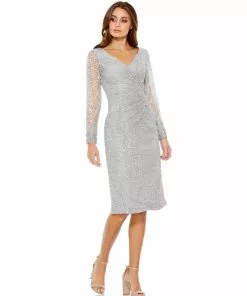 Mac Duggal Shop For V-Neck Embroidered Surplice Midi Dress