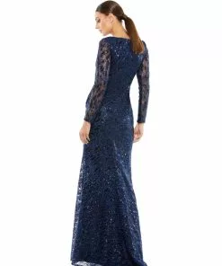 Mac Duggal Shop For Long Sleeve Ruched Sequined V-Neck Gown