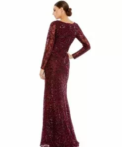 Mac Duggal Shop For Long Sleeve Ruched Sequined V-Neck Gown