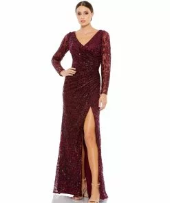 Mac Duggal Shop For Long Sleeve Ruched Sequined V-Neck Gown