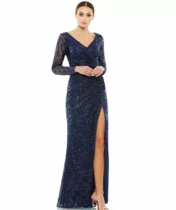 Mac Duggal Shop For Long Sleeve Ruched Sequined V-Neck Gown