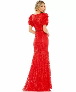 Mac Duggal Puff Sleeve Embroidered Trumpet Evening Gown Shop For