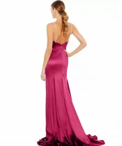 Ieena For Mac Duggal Satin Crystal-Encrusted Evening Gown