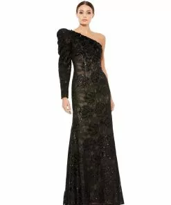 Mac Duggal Shop For One Sleeve Beaded Gown With Floral Lace Overlay