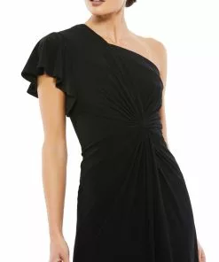 Mac Duggal Ruffled Asymmetric Midi Jersey Gown