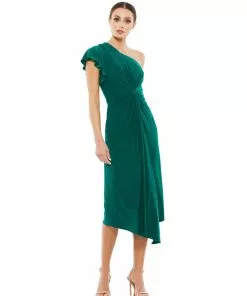 Mac Duggal Ruffled Asymmetric Midi Jersey Gown
