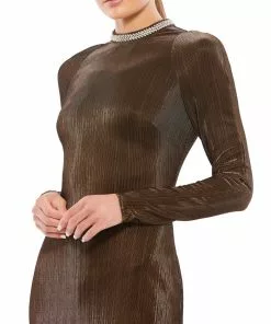 Ieena For Mac Duggal Metallic Beaded High Neck Raglan Sleeve Mini Dress