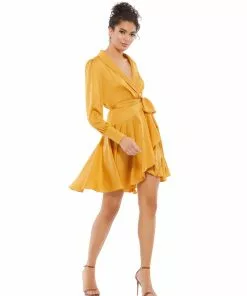 Ieena For Mac Duggal Satin Long Sleeve Wrap Dress